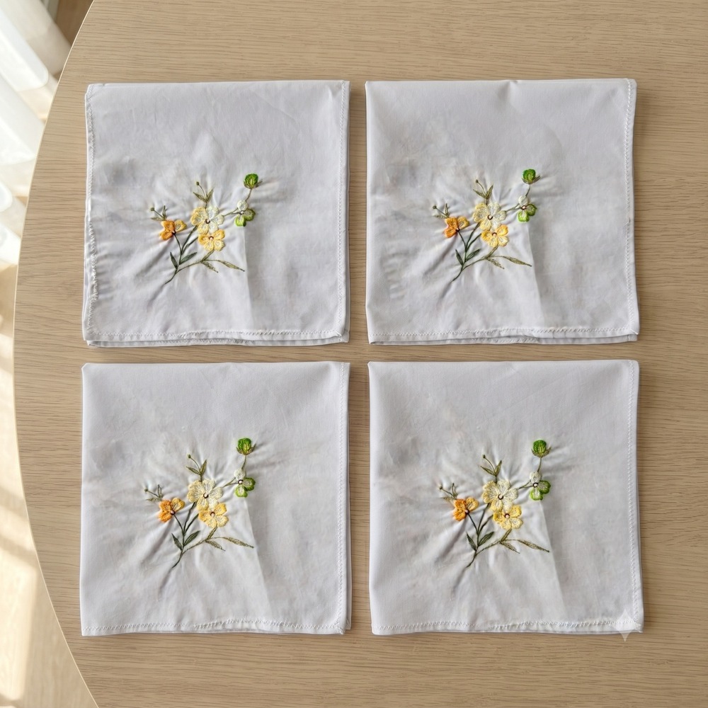 Vintage White Cotton Handkerchief Set 4pc Yellow Orange Floral Embroidered 15in